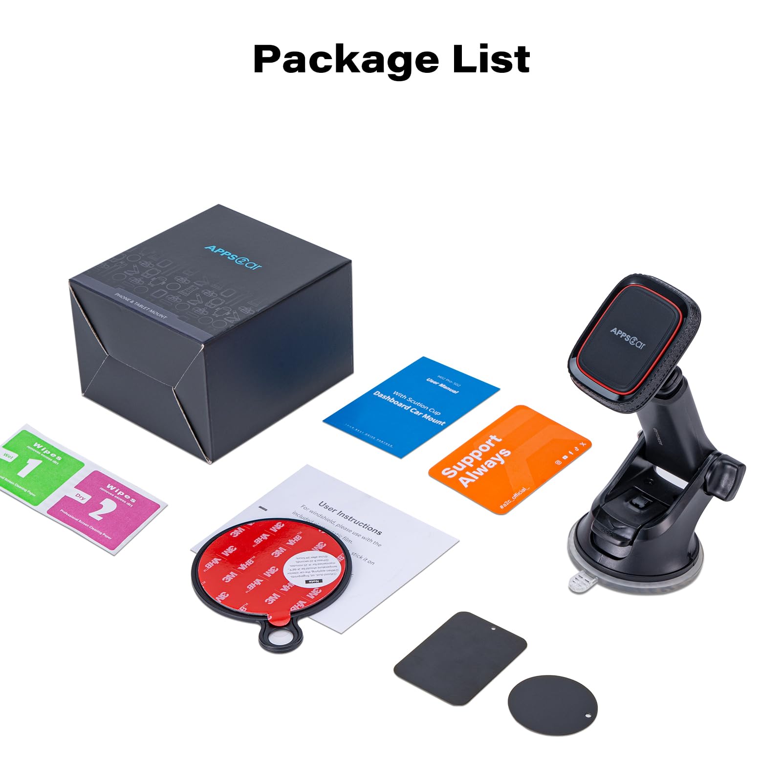 APPS2Car Magnetic Phone Mount for Car – Industrial Suction Cup Dashboard & Windshield Holder with Telescopic Arm, 6 Strong Magnets – Universal Fit for iPhone & Android (Metal Plate Required)