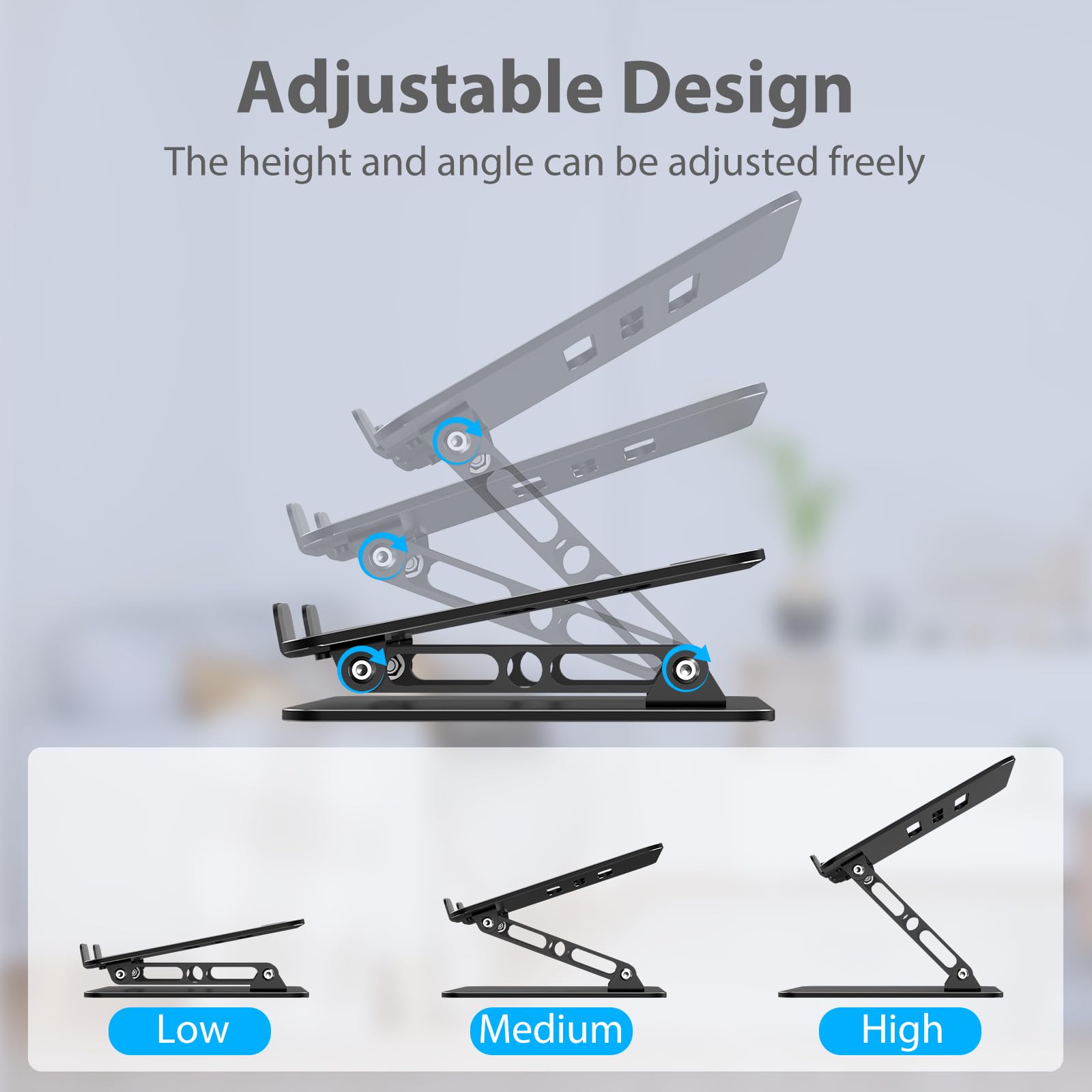 Gogoonike Adjustable Laptop Stand for Desk, Metal Foldable Laptop Riser Holder, Portable Desktop Book Stands, Ventilated Cooling Computer Notebook Stand Compatible with 10-15.6” Laptops