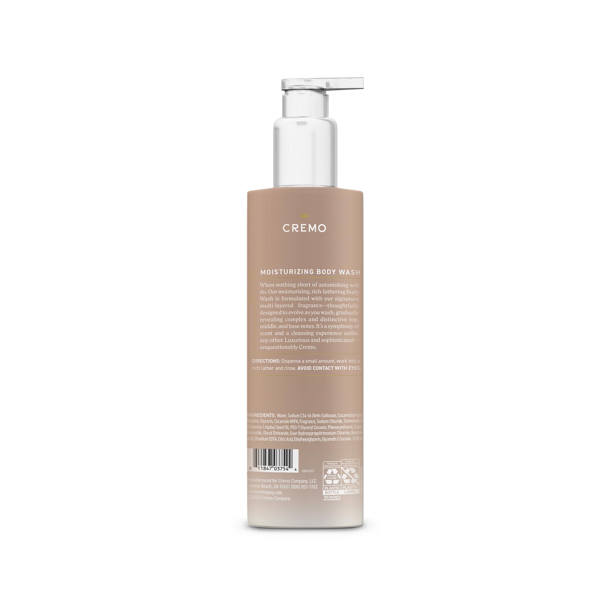 Cremo White Jasmine Amber Skin Moisturizing Body Wash for Women, Notes of White Jasmine, Red Currant, and Sweet Amber, 16 Fl Oz