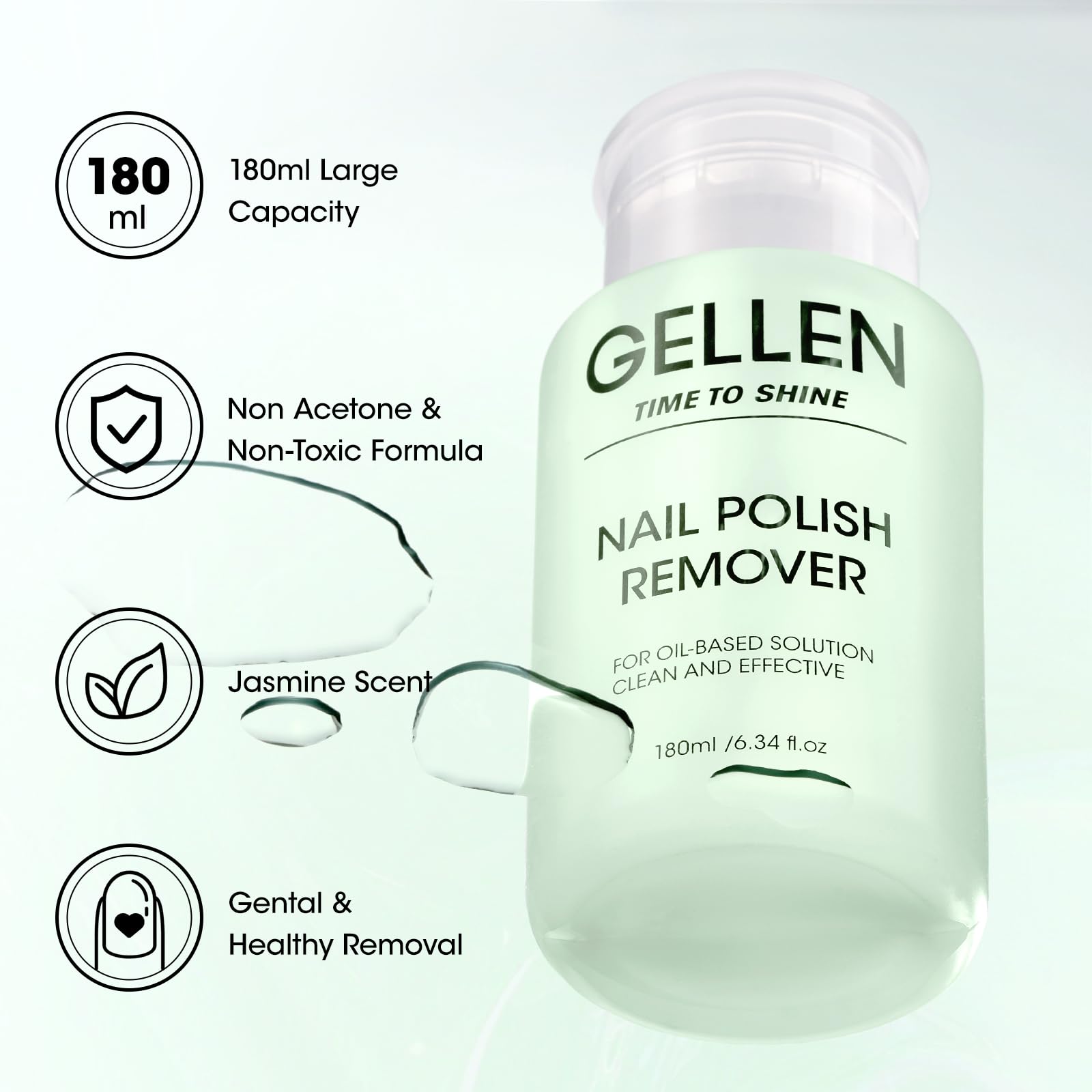 Gellen Nail Polish Remover, Non Acetone Nail Polish Removal for Regular Nail Polishes, Jasmine Scent Healthy Nail Polish Remover with Easy Push-down Pump, 6.09 Fl Oz