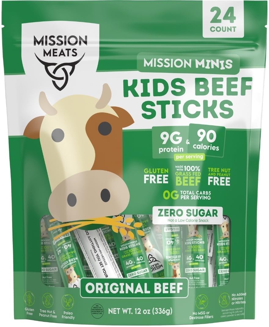 أصابع لحم بقري للأطفال من Mission Meats - تتغذى على العشب بنسبة 100% وتربى في المراعي، وجبات خفيفة صحية للأطفال، بروتين خالٍ من السكر، خالٍ من الغلوتين والمكسرات، مغلفة بشكل فردي، صغيرة بوزن 0.5 أوقية (حقيبة 24 قطعة)