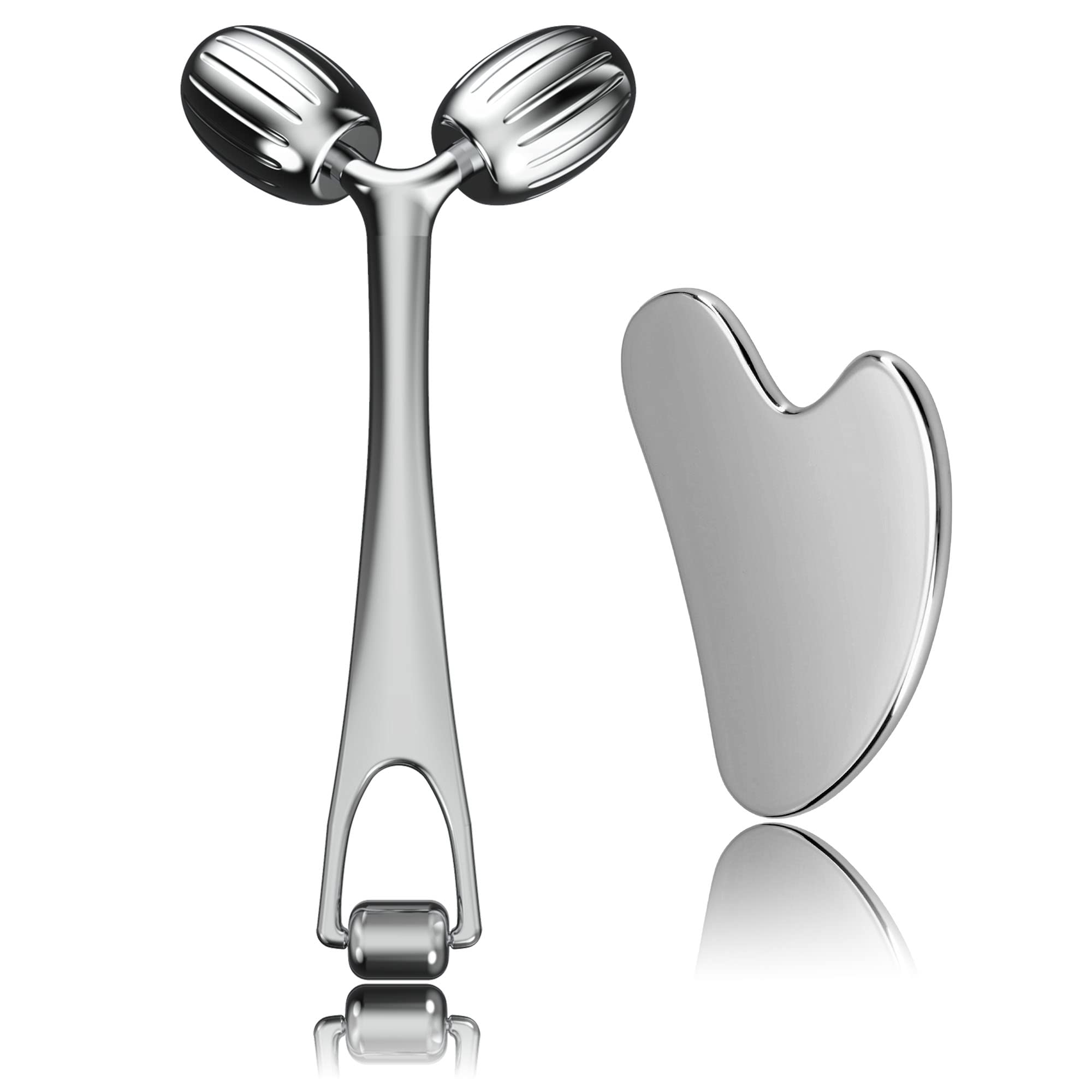 Yeamon Gua Sha Facial Tools and Face Roller Set, Facial Massage Tool for Women's Skincare Routine,Cooling Stainless Steel Face Sculpting Eyes Roller Guasha for Daily Use or Self-Care Gift for Women
