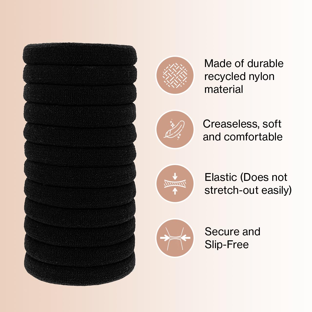 Kitsch Nylon Hair Ties No Damage - Stretchable Elastics for Strong All-Day Hold, Ponytail Holders | Hair Accessories for Women & Girls - Black, 12 Pcs