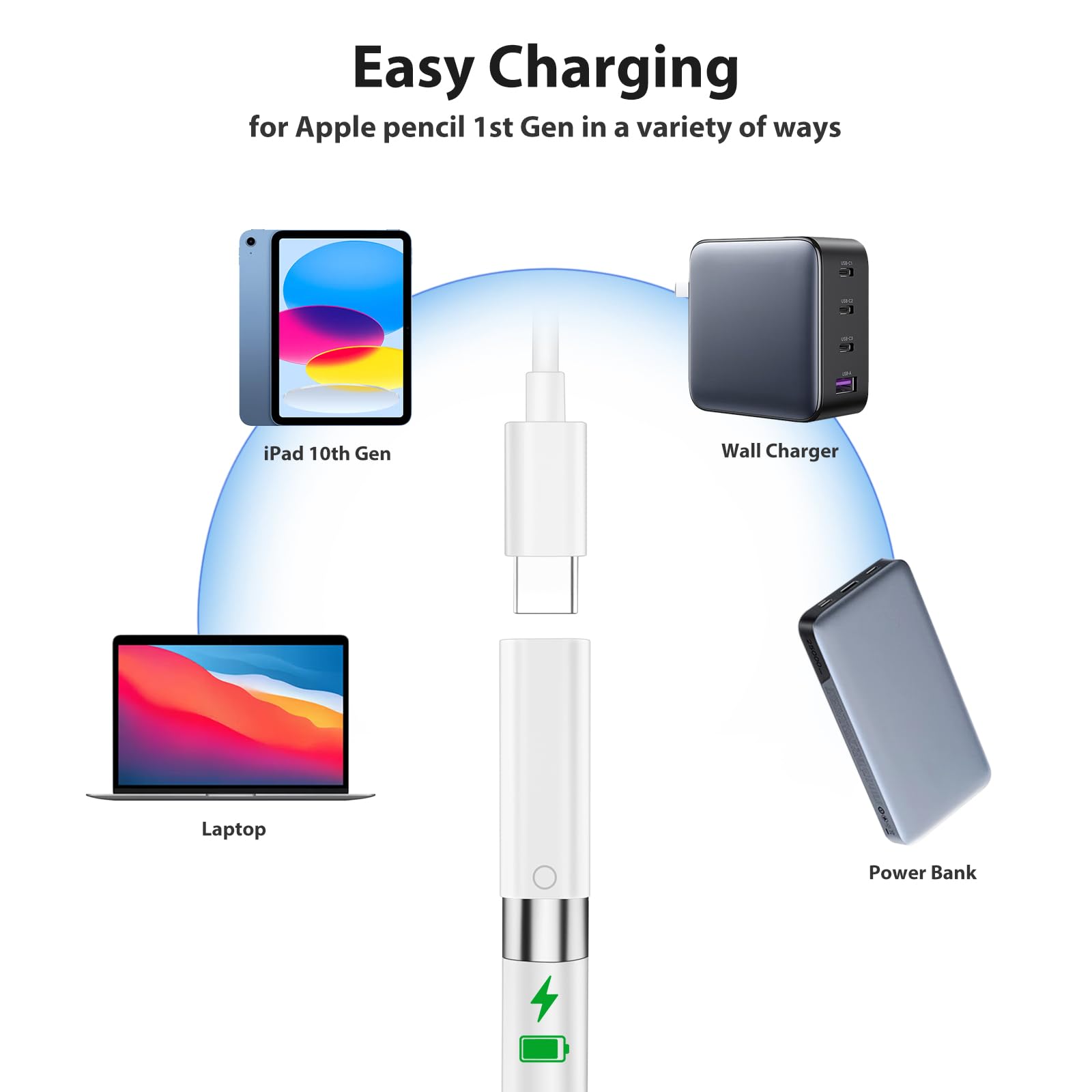 Pencil Charger Adapter for Apple Pencil 1st Generation, USB C to for Lightning Adaptor Charging Dongle Connector Accessories Bluetooth Pairing for iPad 10th Gen/A16, USB-C to iPencil 1st Gen Adapter