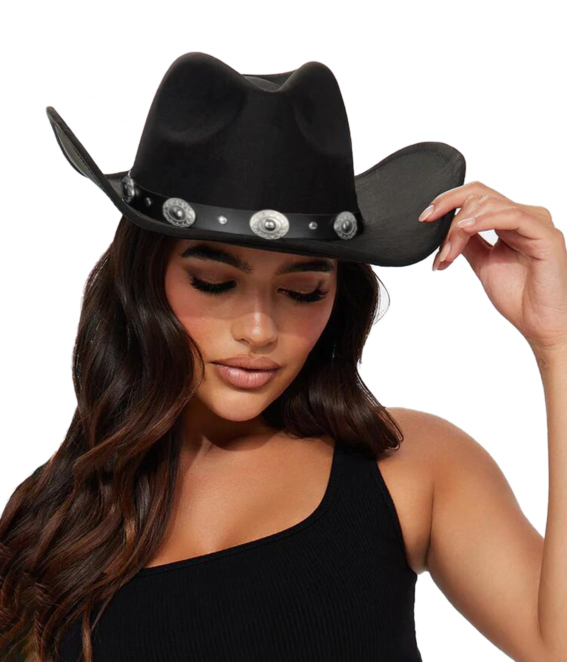 Womens Western Cowboy Hats Studded Pinched Western Cowgirl Hats Wide Brim Fedoras Hat with Belt Buckle (Size:Medium) Black