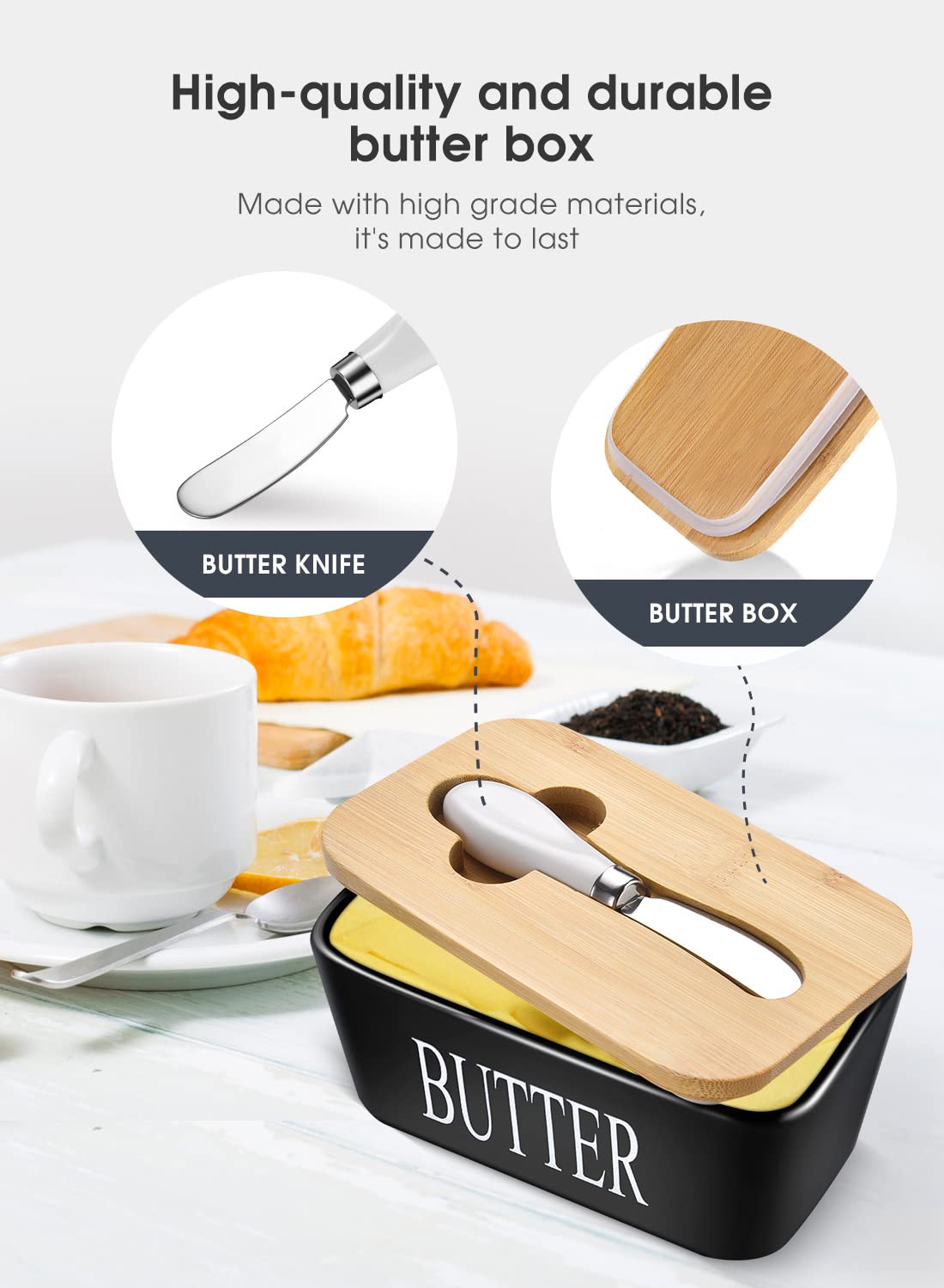 Butter Dish with Lid, Large Butter Dish for Countertop, Ceramic Butter Keeper Container with Knife and High-Quality Silicone Sealing Butter Box for Home Decor Good Kitchen Gift Black