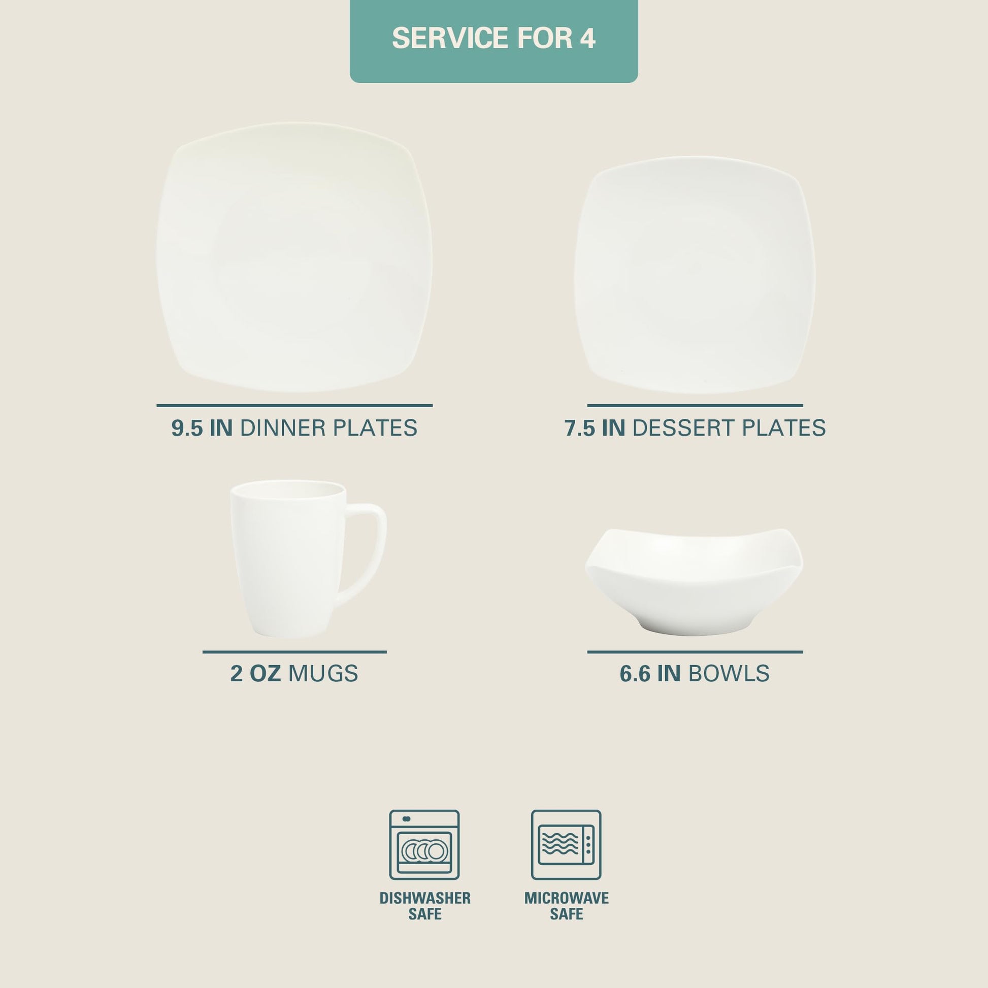 Gibson Home Zen Buffet Porcelain Chip and Scratch Resistant Dinnerware Plates, Bowls, and Mugs Set, Service for 4 (16pcs), White (Square Dishes)