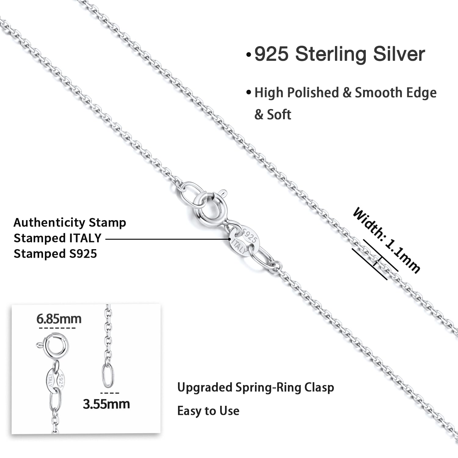 Jewlpire 925 Sterling Silver Chain Necklace Chain for Women 1.1mm Cable Chain Necklace Upgraded Spring-Ring Clasp - Thin & Sturdy - Italian Quality 18 Inch