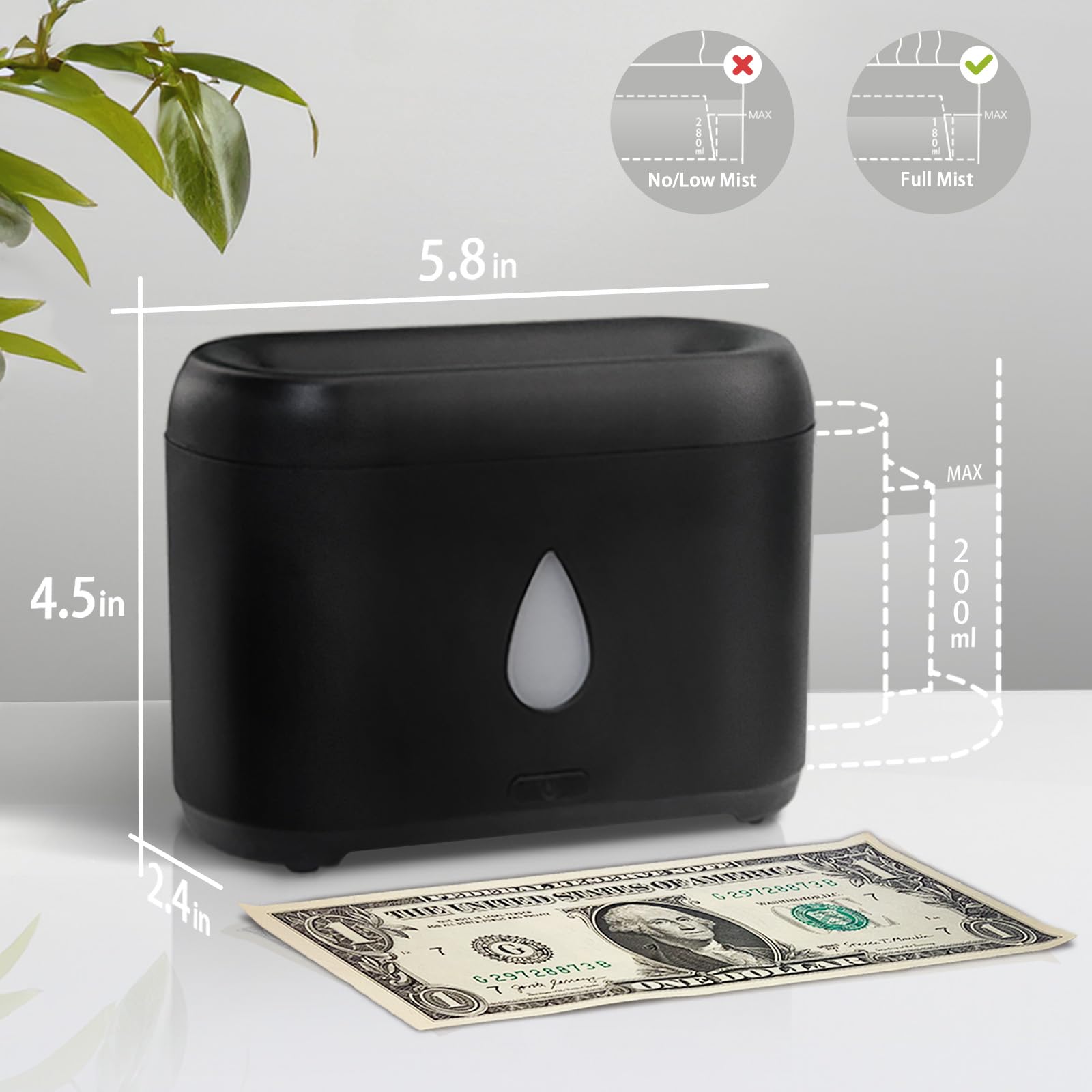 Flame Diffuser for Essential Oils, 200ml Ultrasonic Aroma Diffusers with Cool Mist, Aromatherapy Diffuser with Auto-Off Protection, Small Humidifier for Home,Office,Bedroom,Gift (Black)