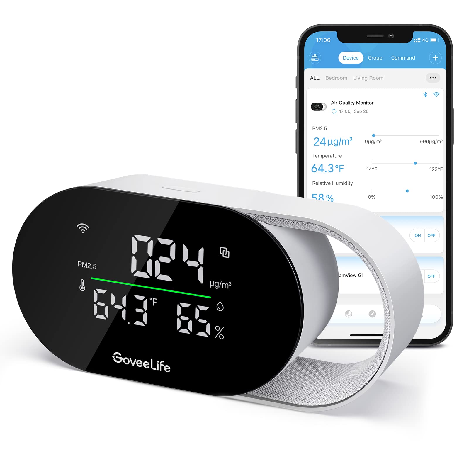 جهاز قياس جودة الهواء الذكي GoveeLife مع مستشعرات PM2.5 وواي فاي ودرجة الحرارة والرطوبة وشاشة LED وتحديث كل ثانيتين وتخزين بيانات لمدة عامين للمنزل والمكتب سلكي