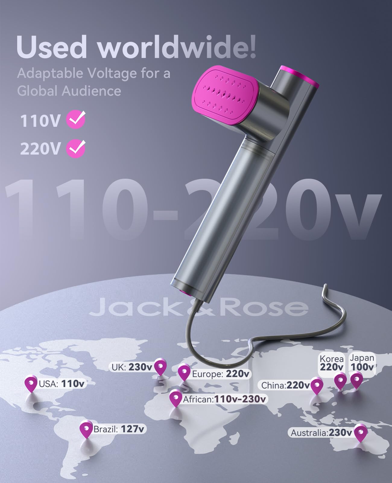 Jack ＆ Rose Travel Steamer for Clothes,100-220V Portable Steamer,15s Heat Up,Steamer ＆ Iron 2 In 1, Travel Size Garment Steamer,Large Ceramic Heat Panel,for Global ＆ Europe Traveling