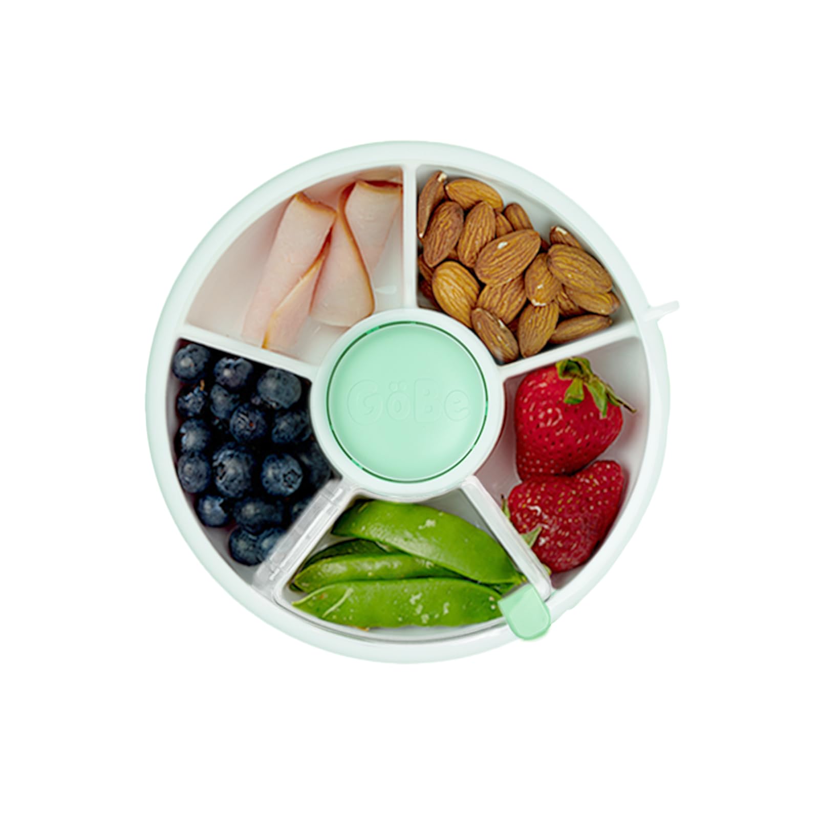 حزمة GoBe Kids Small Snack Spinner Flip Bundle مع حزام يد وورقة ملصقات - حاوية وجبات خفيفة قابلة لإعادة الاستخدام مع موزع بغطاء و5 حجرات | خالية من BPA/PVC | آمنة للاستخدام في غسالة الصحون | لا تنسكب - أخضر نعناعي
