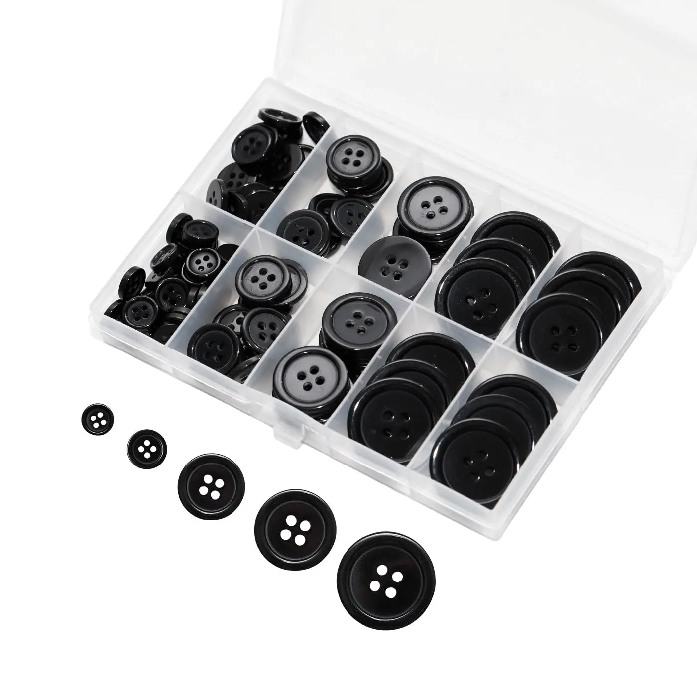 Lilaly 100 pcs Black Buttons for Crafts, 5 Sizes Mixed Round Sewing Buttons for Clothes, Suitable for for DIY Crafts, Coats, Shirts, Pants, Shorts
