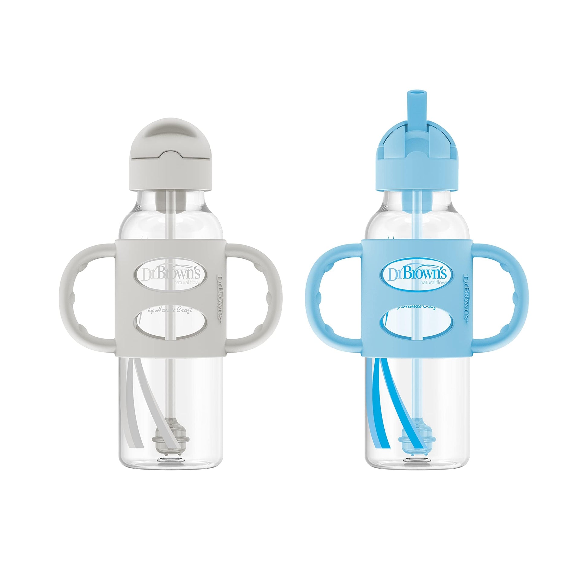 Dr. Brown's Milestones Narrow Sippy Straw Bottle, Spill-Proof with 100% Silicone Handles and Weighted Straw, 8 oz/250 mL, Gray & Blue, 6m+