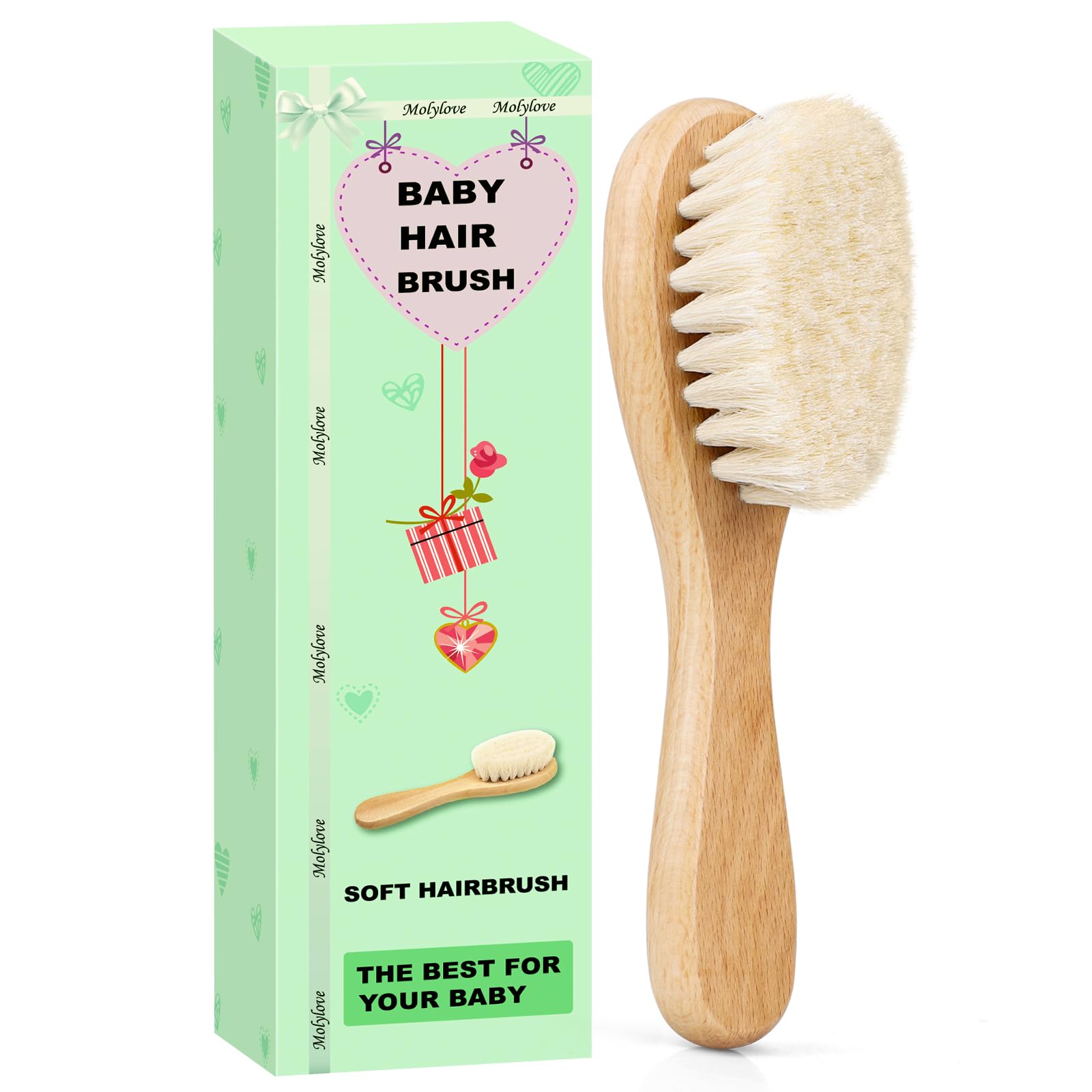 Molylove Baby Hair Brush, Wooden Goat Bristles Hair Brush for Newborns & Toddlers, Ideal for Cradle Cap, Perfect Baby Registry Gift, Hypoallergenic, 1 Count
