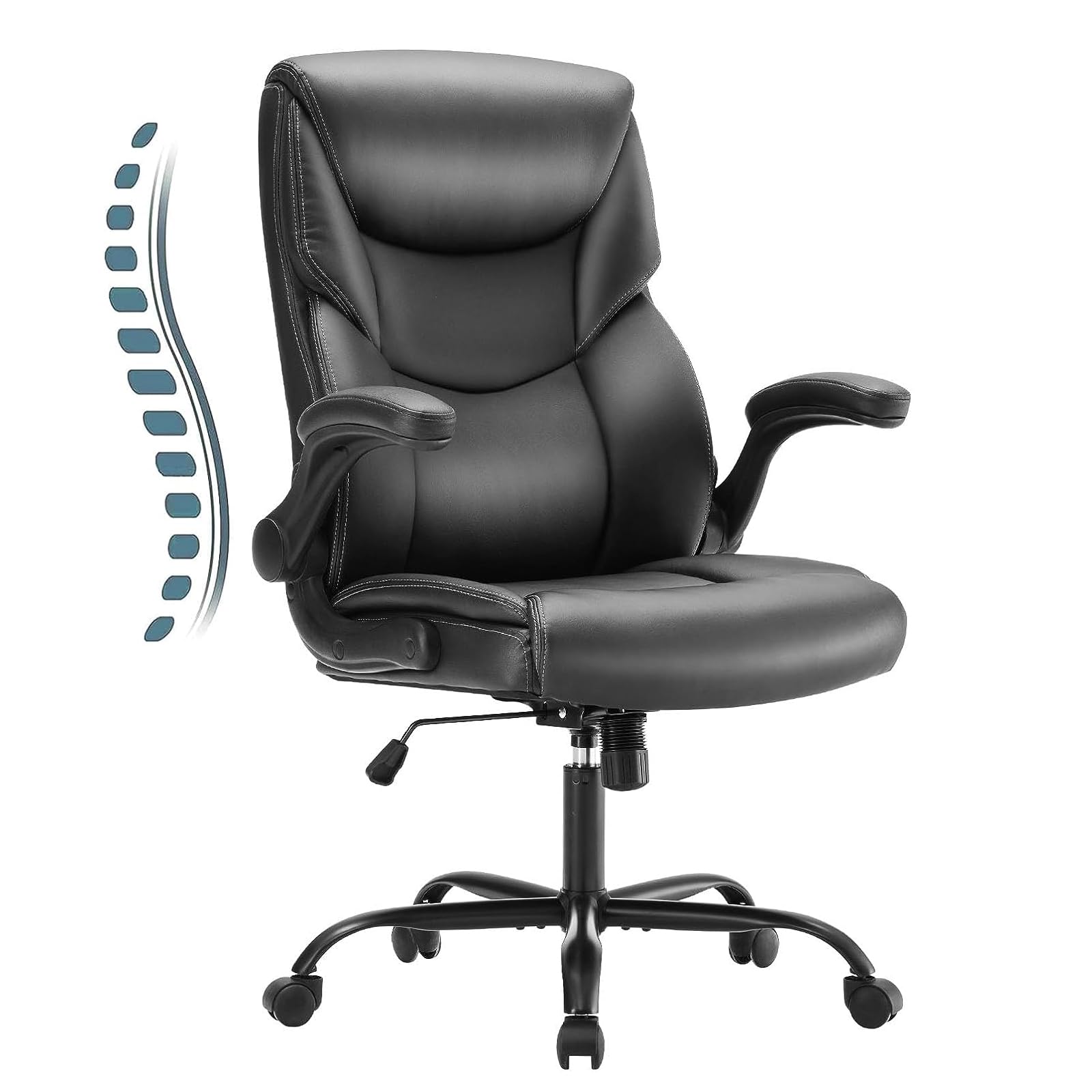 Sweetcrispy Ergonomic Computer Gaming Office Chair, Heavy Duty Task Desk Swivel Rolling Chairs with Wheels, Flip-up Arms, Adjustable Height, PU Leather, Black