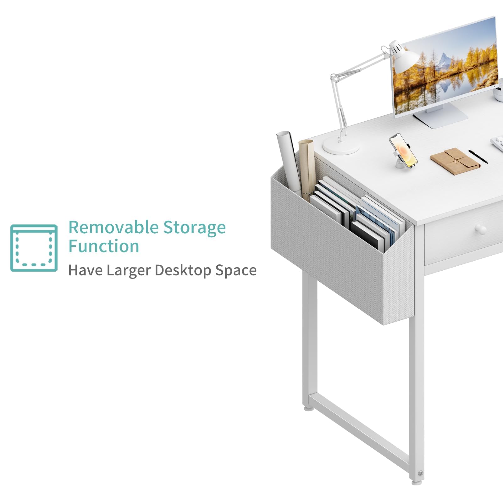 Lufeiya Small White Desk with Drawers - for Bedroom, 32 Inch Home Office Computer Desk with Fabric Storage Drawer and Bag, Study Writing Table for Small Spaces, White