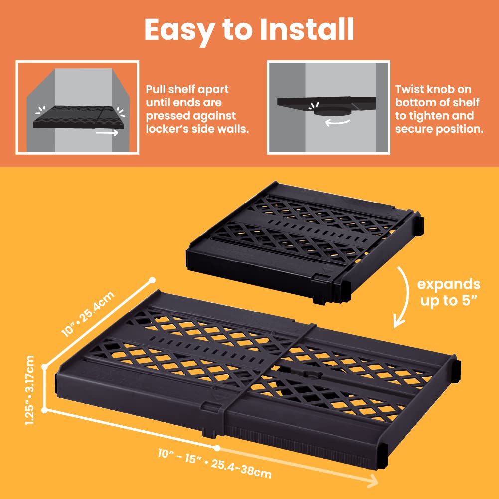 LockerMate Adjust-A-Shelf Locker Shelf, Easy to Use, Extends to Fit Your Locker, Black