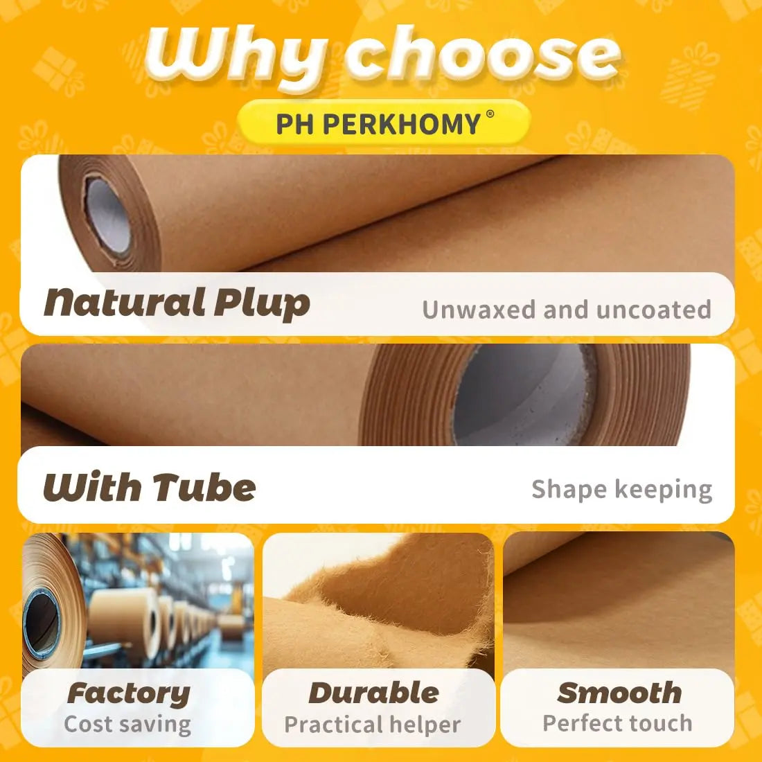 PerkHomy Brown Kraft Paper Roll 17.5" x 600" (50') for Gift Wrapping Bulletin Board Craft Art Bouquet Flower Packing Moving Shipping Floor Covering Table 70GSM 50LB (Brown, 17.5" x 50')