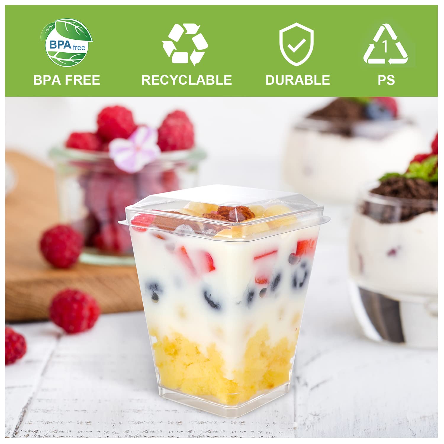EASERCY 50 Pack 5 oz Plastic Dessert Cups with Lids, Yogurt Parfait/Appetizer Cup with Lids for Party, Mini Dessert Cups with Spoons Dessert Shooter Cups for Pudding, Fruit and Ice Cream