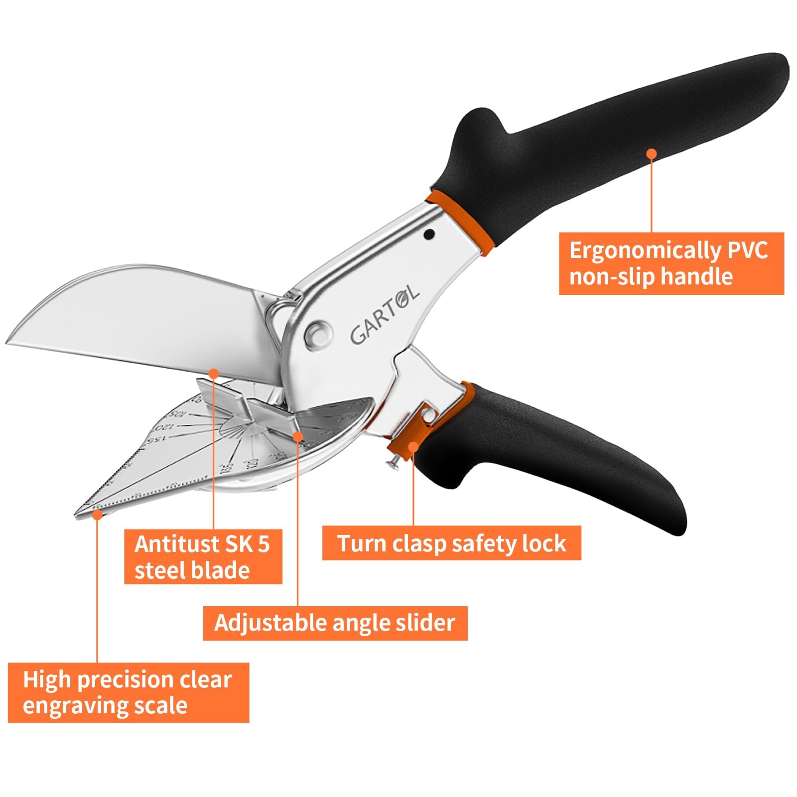 GARTOL Miter Shears- Multifunctional Trunking Shears for Angular Cutting of Moulding and Trim, Adjustable at 45 to 135 Degree, Hand Tools for Cutting Soft Wood, Plastic, PVC, with Replacement Blades