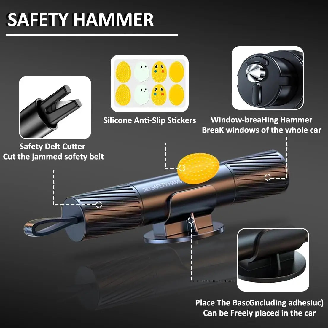 smosun Safehammer - 2025 Upgraded Safe Hammer Glass Breaker Under Water, Car Hammer Seatbelt Cutter Window Breaker Emergency Escape Tool, Safehammer Glass Breaker for New Cars (3PCS)
