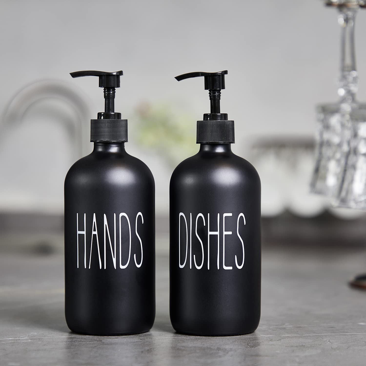 COHOSEGE Glass Soap Dispenser Set 2 Pack,Contains Hand and Dish Soap Dispenser.Premium 16 Oz Black Kitchen Soap Dispenser Set for Kitchen Sink and Farmhouse Decor