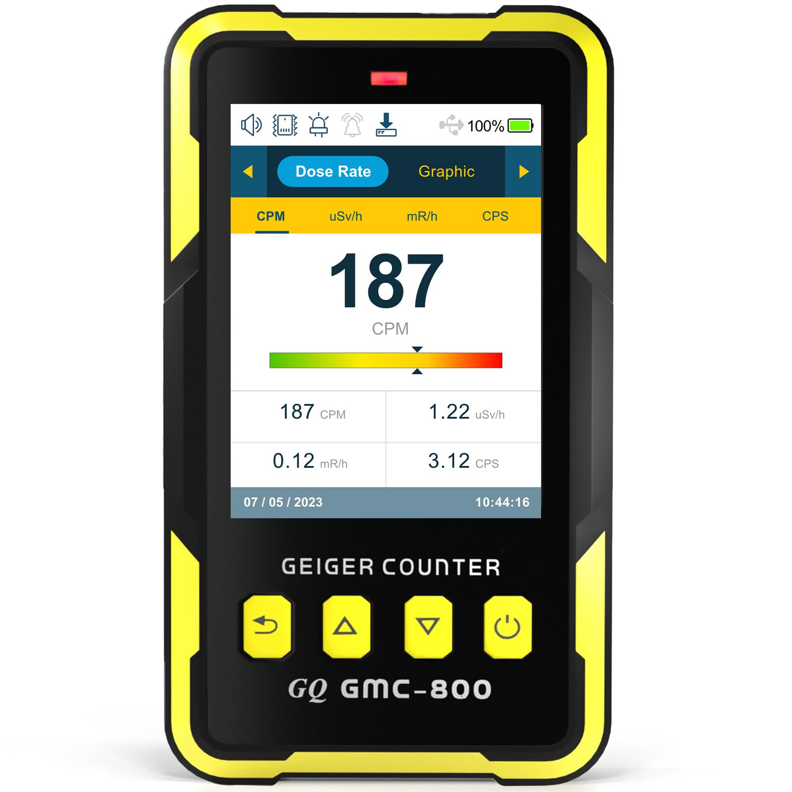 كاشف الإشعاع النووي GQ GMC-800 عداد جيجر بتصميم أمريكي منتج بمعايير أمريكية وطنية شاشة LCD ملونة كبيرة 5 أنواع تنبيهات مقياس جرعات حفظ البيانات ومشاركة عالمية جهاز محمول لكشف أشعة بيتا وجاما والأشعة السينية