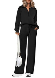 PRETTYGARDEN Women's 2025 Fall Lounge Sets Casual Half Zip Sweatshirt and Wide Leg Pants 2 Piece Outfits Sweatsuit (Black,Small)