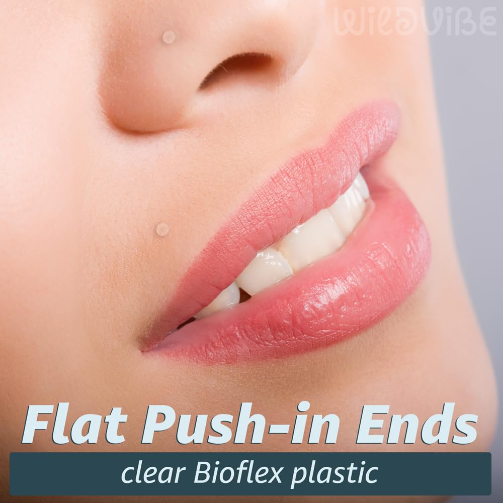 WildVibe 16g Bioflex Labret Clear Piercing Retainers - 10pc Set - Plastic Piercings Stud Earrings for Sports, Work, Surgery - Helix, Tragus, Lip, Medusa, Monroe (6mm, 8mm)
