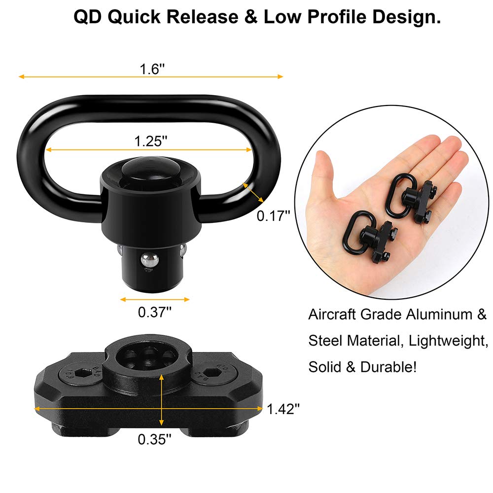 REERON 2 Point Sling & Mloc Sling Mount - Adjustable Extra Long Two Point Traditional Rifle Sling with 2 Pack 1.25" QD Sling Swivels Mounts for M Lock Rail System (2 Pack Mloc Sling Mounts)