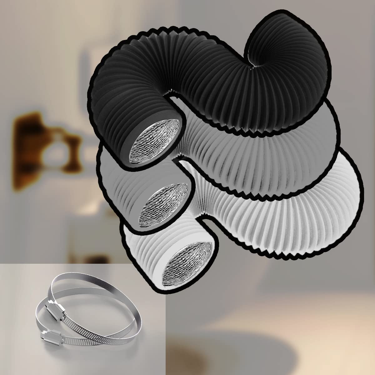 TEAIERXY 4 Inch 8FT Dryer Vent Hose,Flexible Insulated Air Ducting,Vent Hose PVC Aluminum Foil with 2 Clamps for HVAC Ventilation(Grey)