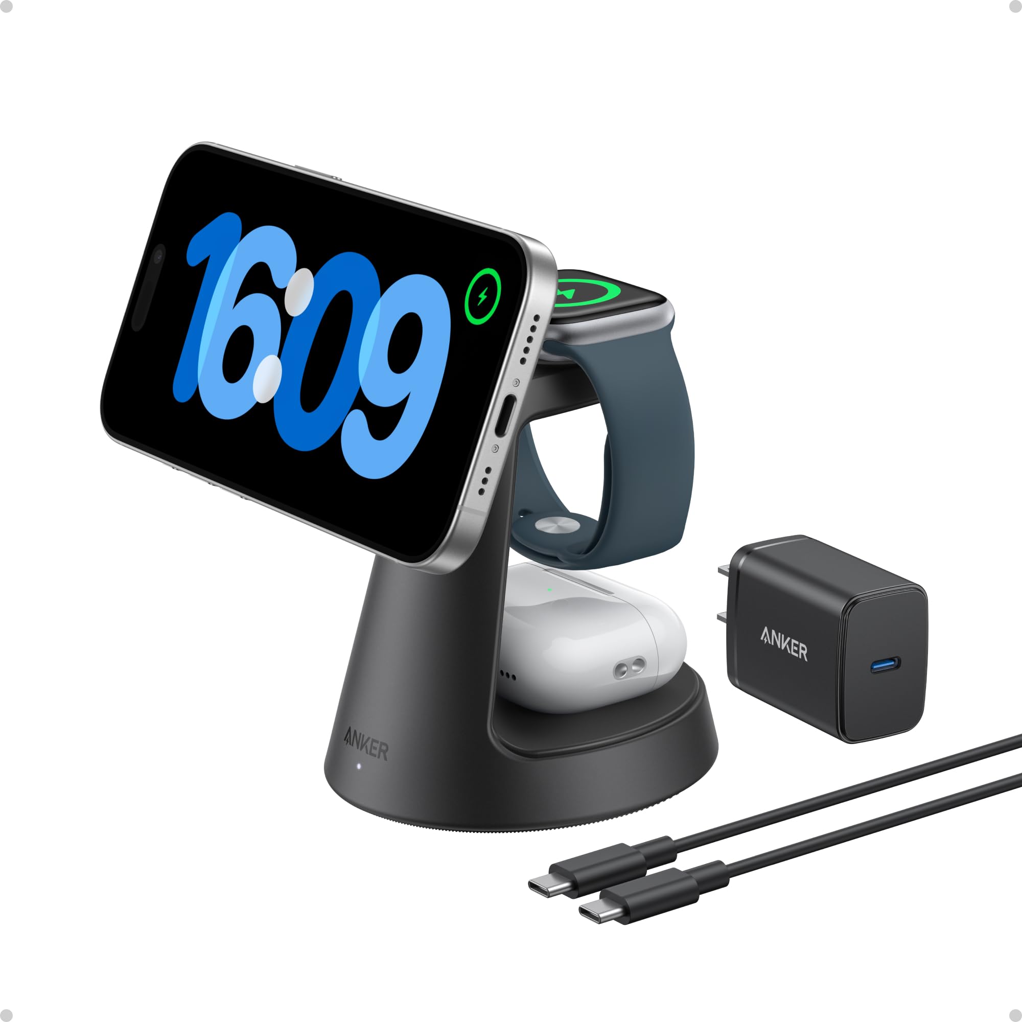 شاحن Anker MagSafe المتوافق، محطة شحن MagGo 3 في 1، حامل شحن نانو، شاحن لاسلكي مغناطيسي Qi2 معتمد بقوة 15 واط، لهواتف iPhone16/15/14 و Apple Watch و AirPods (المحول متضمن)