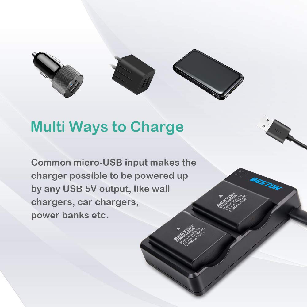 BESTON 2-Pack EN-EL14 / EN-EL14a Battery Packs and Rapid USB Charger Compatible with Nikon D3100 D3200 D3300 D3400 D3500 D5100 D5200 D5300 D5500 D5600 DF Coolpix P7000 P7100 P7700 P7800 Cameras