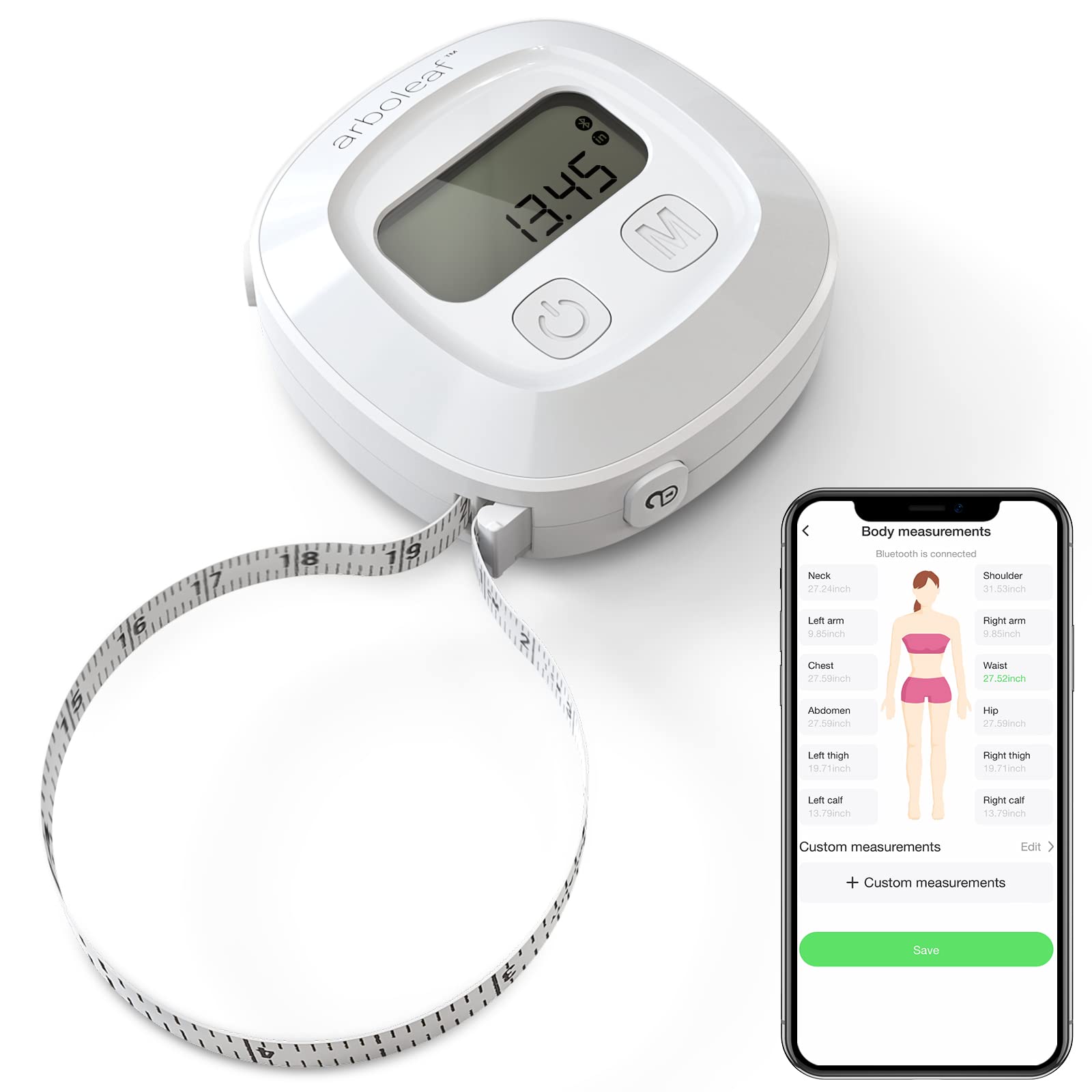 arboleaf Digital Body Tape Measure, 60in Body Measuring Tape, Bluetooth Measuring Tape for Body Measurements with App, Body Fat Measurement Device for Weight Loss, Locking, Retractable