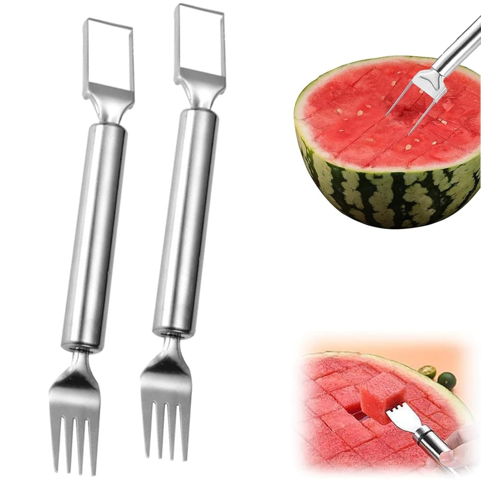 2Pcs Watermelon Fork Slicer Cutter, 2-in-1 Stainless Steel Fruit Cutter, Watermelon Cutter,New Upgrade Dual Head Watermelon Fork Slicer Tool, Summer Fruit Cutting Home Kitchen Gadgets.