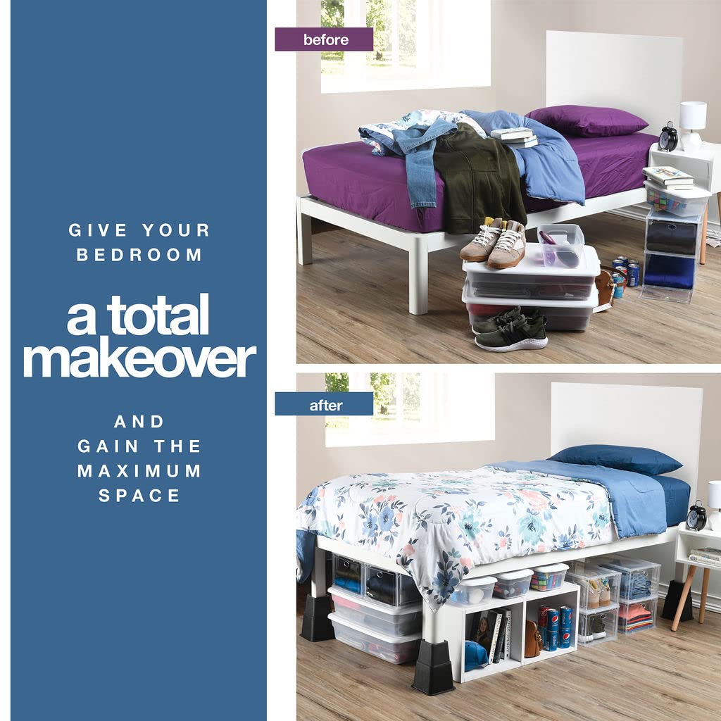 Home It Adjustable Bed Risers - Elevation in 3, 5 or 8 Inch - Heavy Duty Stackable Furniture Risers Supports 1,300 lbs - for Under-Bed Storage, College Dorms, Table and Couch, 4 Pack Bed Lifts Black