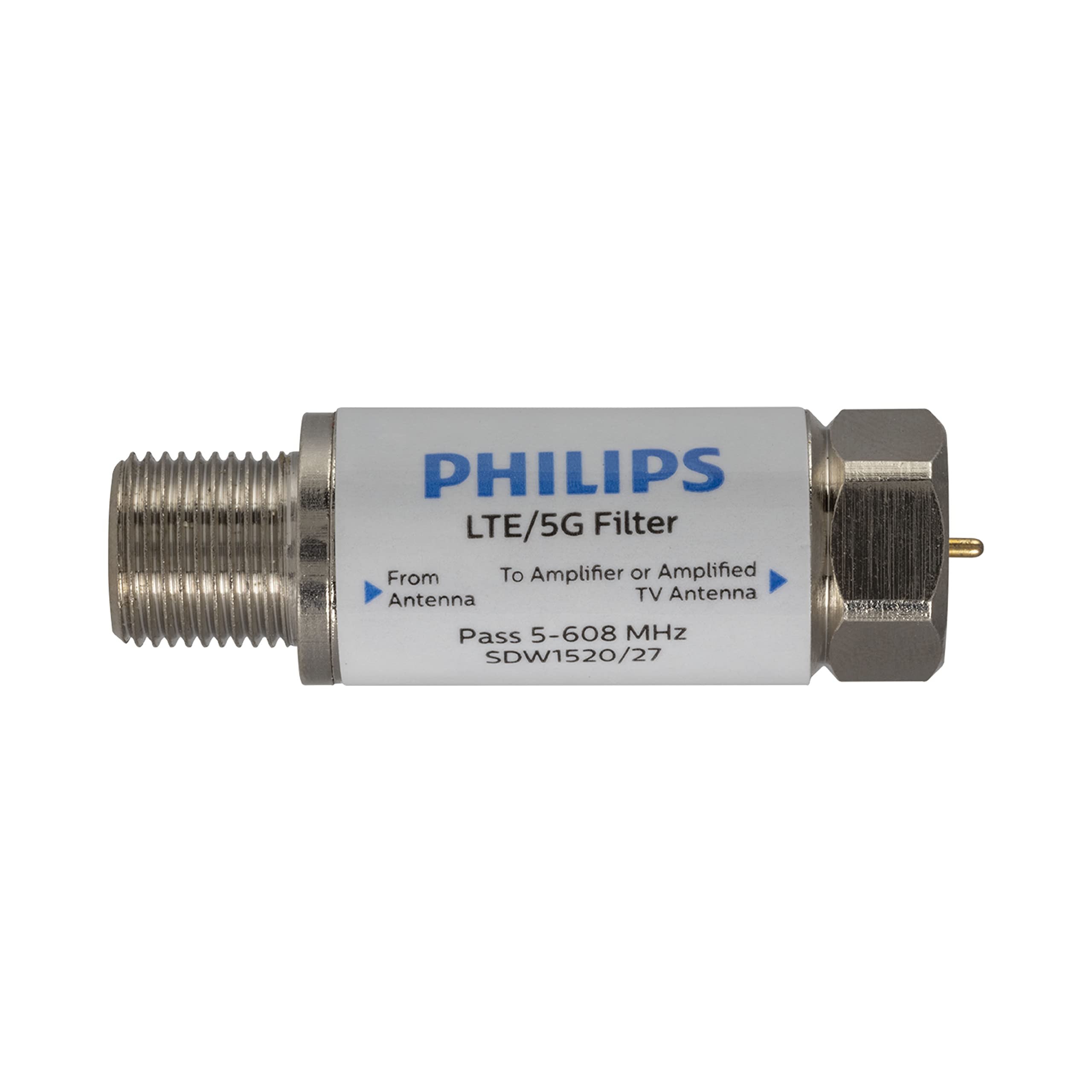 Philips LTE Filter for TV Antenna, Filters 4G 5G LTE Signal to Reduce Interference and Pixilation for Clear Digital HD TV Reception, Frequency Range 5-608 MHz, Indoor Outdoor Installation, SDW1520/27