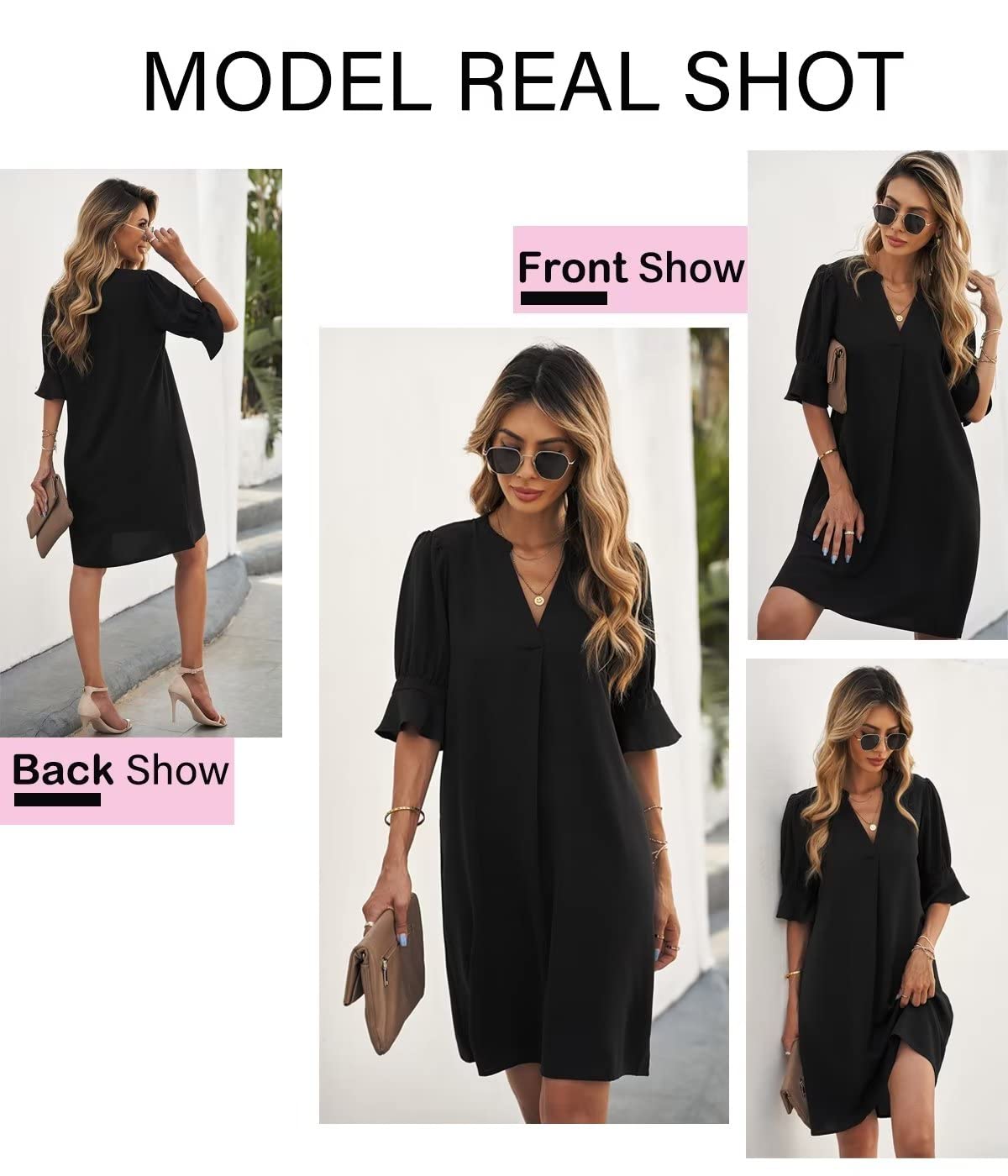 QACOHU Summer Dresses for Women 2025 Casual Ruffle Short Sleeve V-Neck Flowy Swing Shift Dress Black L