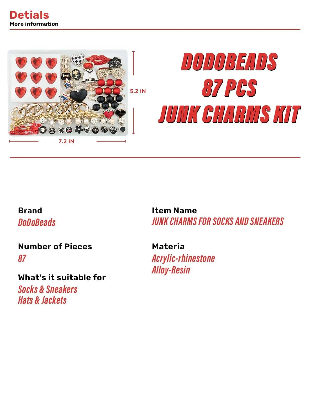 DoDoBeads 85 Pcs Junk Socks Charms Kit, Black and Red Charms for Socks, Brooches and Pins for Women, ShoeCharms with Bows, Sneakers DIY Kit with Pearls Rhinestones Chains