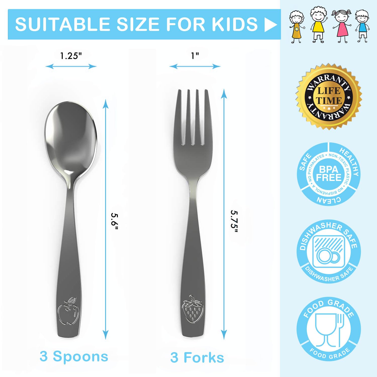 CHILLOUT LIFE Stainless Steel Kids Silverware Set 6 Pieces - Child and Toddler Safe Flatware - Kids Utensil Set - Metal Kids Cutlery Set (Includes 3 Small Kids Spoons & Kids 3 Forks)
