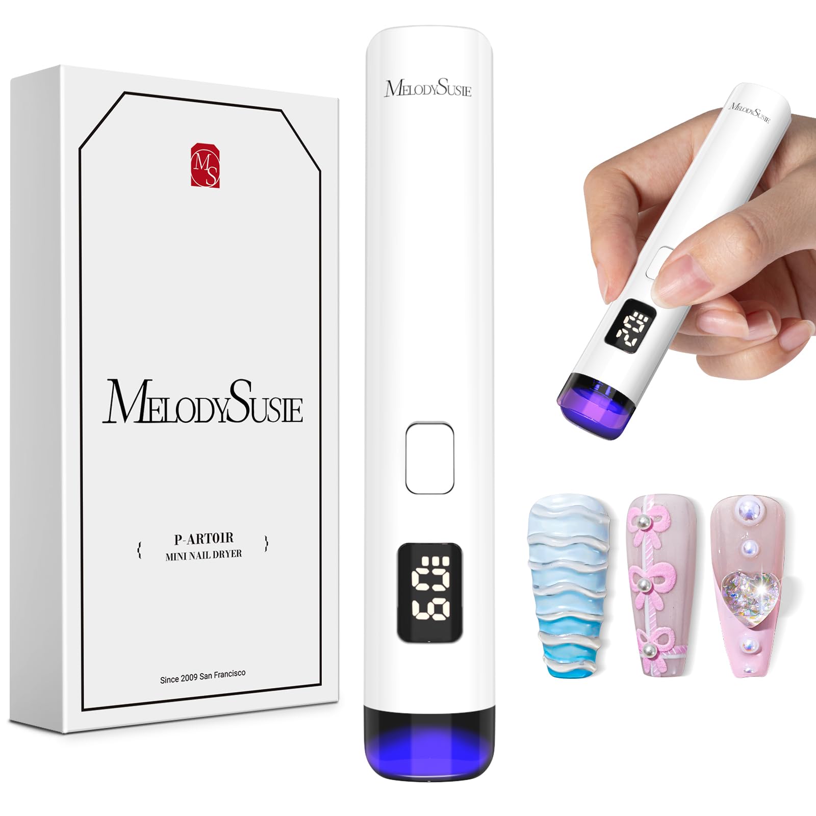 Melodysusie Handheld UV Light for Gel Nails, ART01R Cordless Gel X Nail Lamp Rechargeable with LCD Display, Eye-Protective Cover Flash Cure Nail Dryer for Rhinestone Glue Decoration DIY at Home White