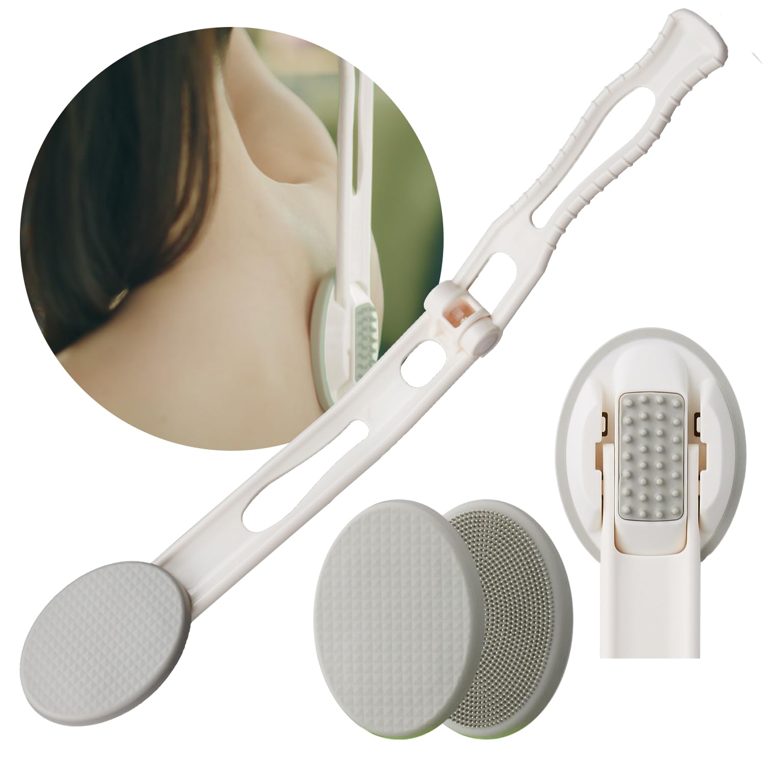 DOWMI Lotion Applicator for Back - 3-1 Foldable, Cream, Sunscreen, Ointment Applicator, 19" Long Handle, Body Massage Tool - 1 Body Brush Pad, 1 Lotion Pad Included
