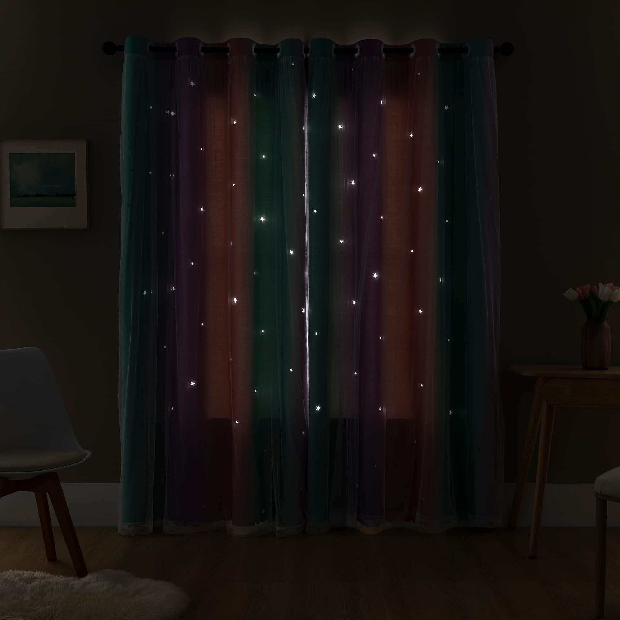 XiDi Curtains for Girls Bedroom Decor, Rainbow Blackout Curtains for Kids Room Decor, Purple for Little Girl Room, Unicorn Wall Decals Pink Curtains Green, 63 Inches Long 34 Wide 1 Panel