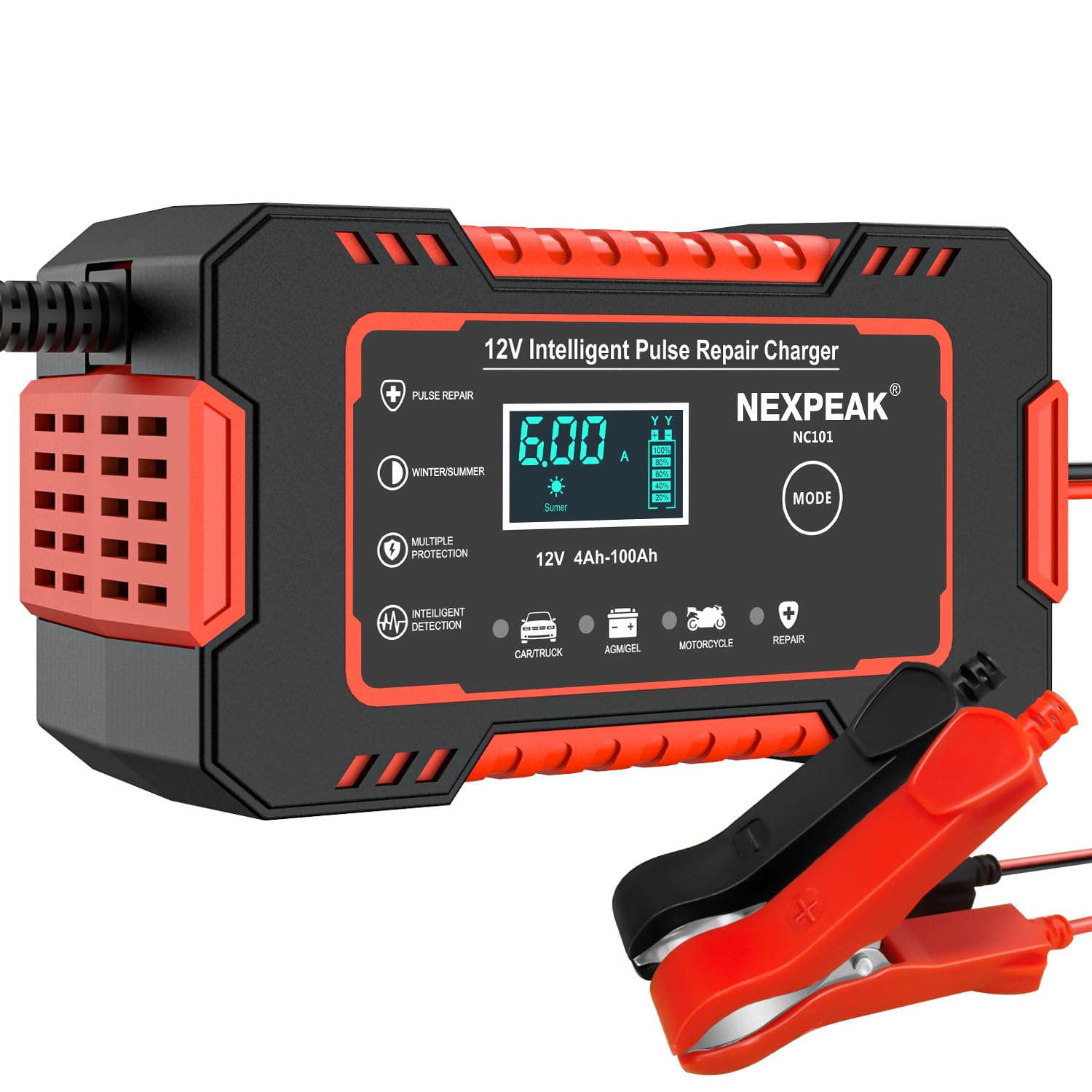 شاحن بطارية السيارة NEXPEAK NC101، شاحن بطارية ذكي متقطع 12 فولت 6 أمبير، جهاز صيانة بطارية السيارات ومزيل الكبريت مع تعويض درجة الحرارة لبطاريات حمض الرصاص للسيارات والشاحنات والدراجات النارية وجزازات العشب والقوارب.