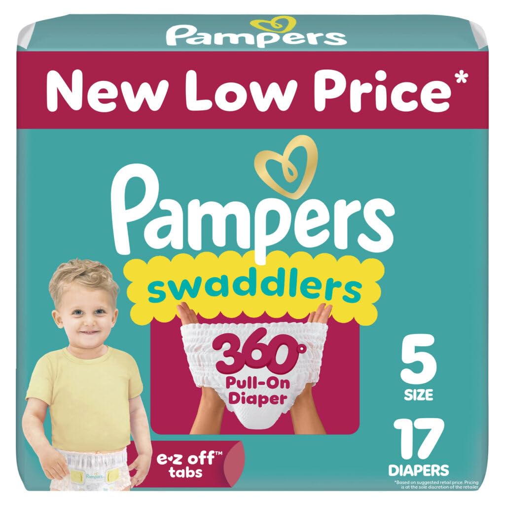 Pampers Diapers - Swaddlers 360 degrees - Size 5, 17 Count, up to 100% Leakproof Comfy Dry Fit, Designed for Easy Changes, Pull On Baby Diaper