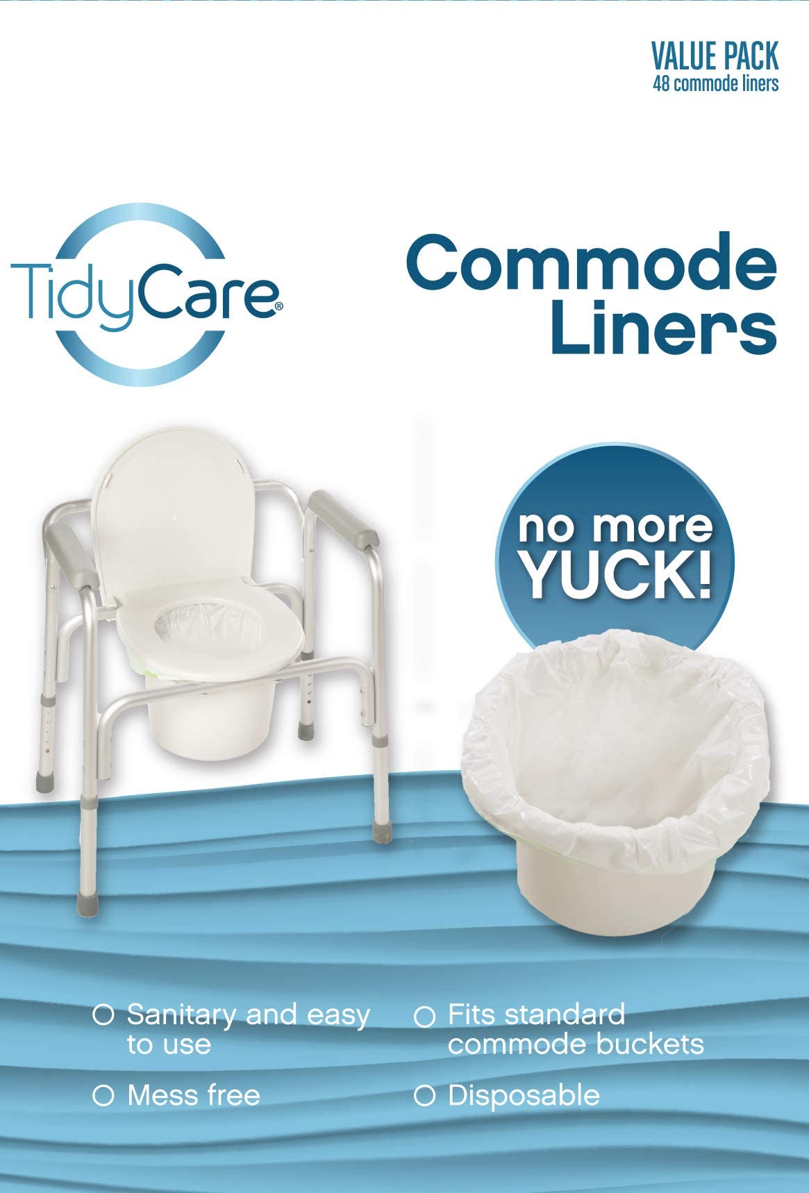 TidyCare Disposable Bedside Commode Liners for Adult Portable Toilet Chair Seat Bucket and Bedpan | Value Pack of 48 Waste Bags | Universal Fit Liners for Home Medical Care