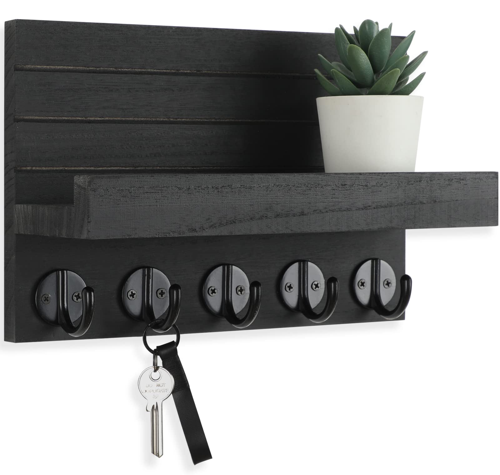 Lwenki Key Holder for Wall, Decorative Key and Mail Holder with Shelf Has Large Hooks for Bags, Coats, Umbrella - Paulownia Wood Key Hanger with Mounting Hardware (9.8"W x 6.7"H x 4.2"D)