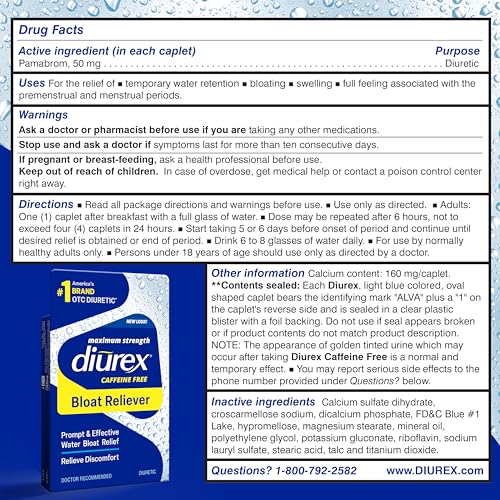 Diurex Caffeine-Free Bloat Relief, Maximum Strength, Relieve Water Bloat Discomfort, Up to 6 Hours of Relief, 48 Count