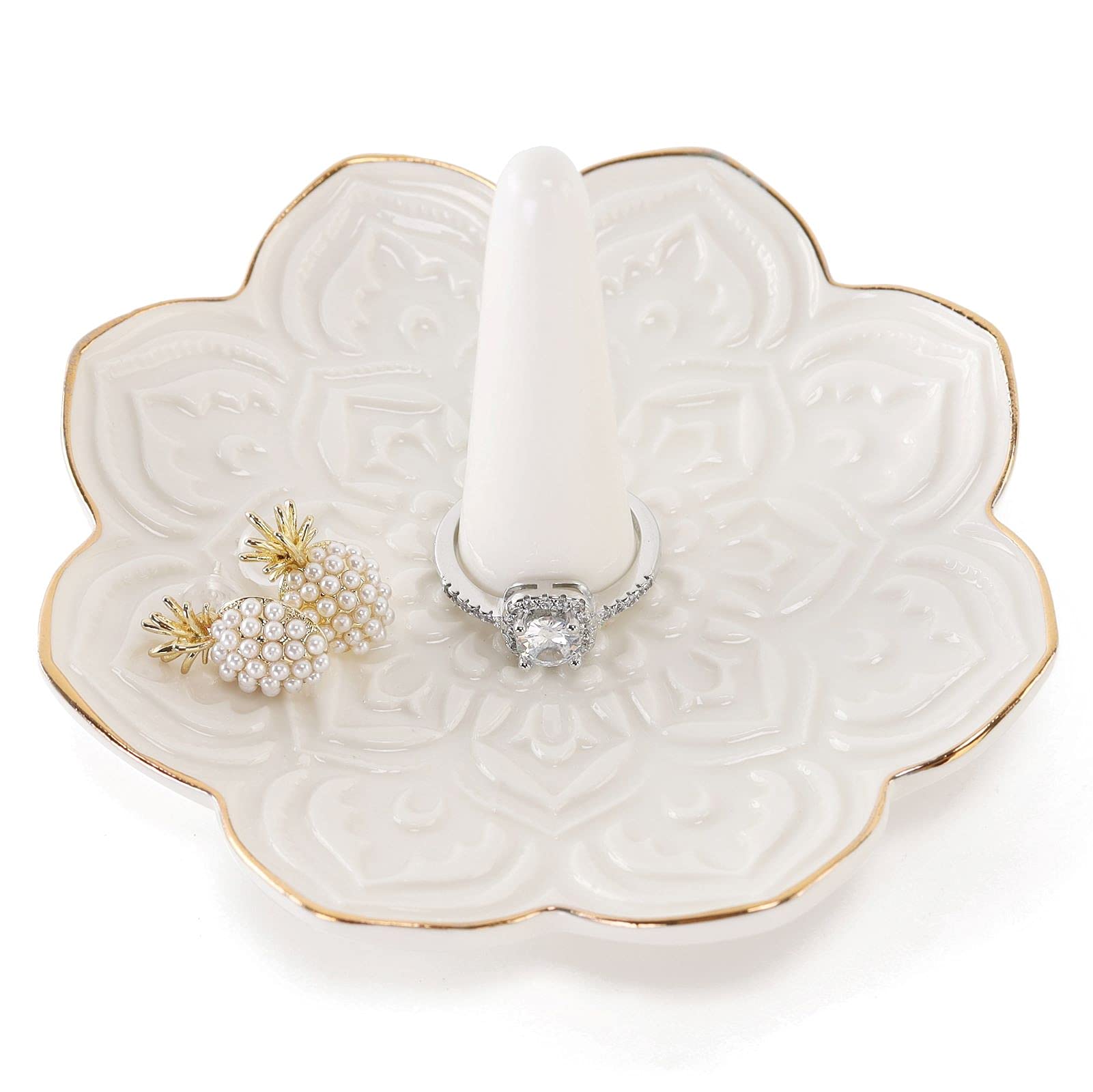 RUIMIC Ceramic White Mandala Jewelry Holder Decorative Ring Holder/Trinket Tray Valentine Engagement Wedding Birthday Gifts for Women Her